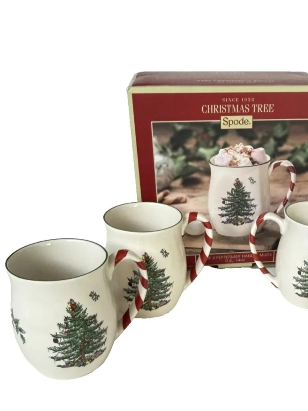 Spode Peppermint Handle Mugs Christmas Tree Set of 4 Candy Cane Santa 14 oz